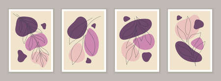 A SET OF POSTERS WITH TWIGS IN THE STYLE OF LINEAR ART ON A BEIGE BACKGROUND IN VECTORのイラスト素材