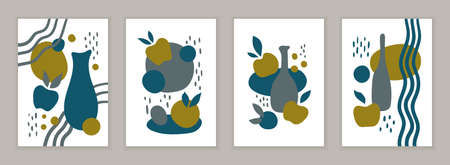 A SET OF POSTERS WITH A STYLIZED STILL LIFE ON A WHITE BACKGROUND IN VECTORのイラスト素材