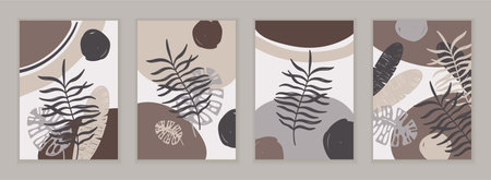 A SET OF ABSTRACT POSTERS WITH SLOPPY PAINTED TROPICAL LEAVES ON A PASTEL BACKGROUND IN VECTORのイラスト素材