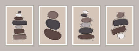 A SET OF POSTERS WITH STONES IN THE STYLE OF LINEAR ART ON A BEIGE BACKGROUND IN VECTORのイラスト素材