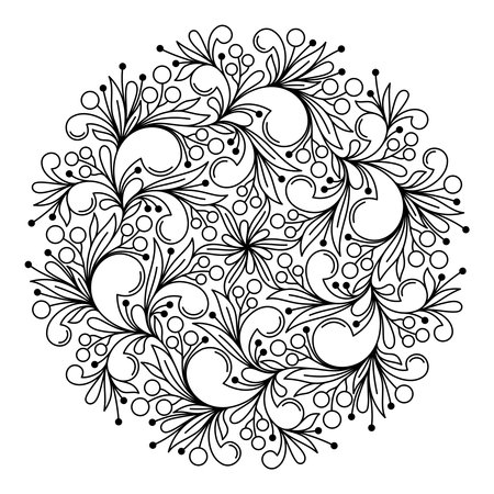 COLORING BOOK FOR ADULTS WITH A ROUND PLANT MANDALA ON A WHITE BACKGROUND IN VECTORのイラスト素材