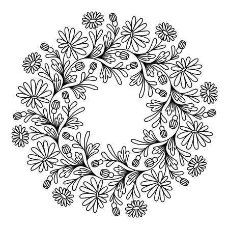 COLORING BOOK FOR ADULTS WITH A ROUND FLORAL MANDALA ON A WHITE BACKGROUND IN VECTORのイラスト素材