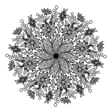 COLORING BOOK FOR ADULTS WITH A ROUND FLORAL MANDALA ON A WHITE BACKGROUND IN VECTORのイラスト素材
