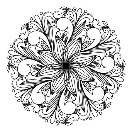 COLORING BOOK FOR ADULTS WITH A ROUND PLANT MANDALA ON A WHITE BACKGROUND IN VECTORのイラスト素材