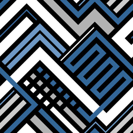 Seamless geometric pattern with blue and white lines on a black background in vectorのイラスト素材