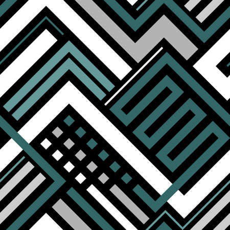 Seamless geometric pattern with green and white lines on a black background in vectorのイラスト素材