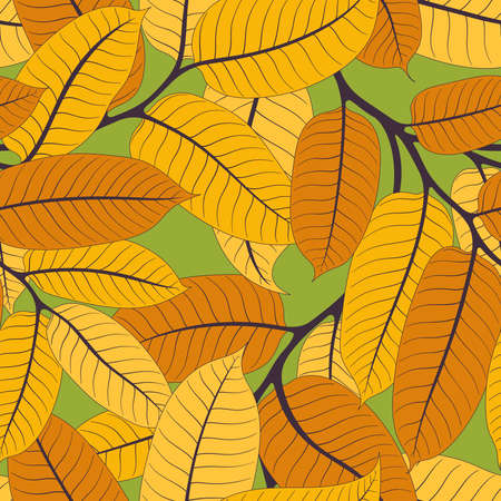 SEAMLESS PATTERN WITH YELLOW AND ORANGE VIROLA BRANCHES ON A GREEN BACKGROUND IN VECTORのイラスト素材
