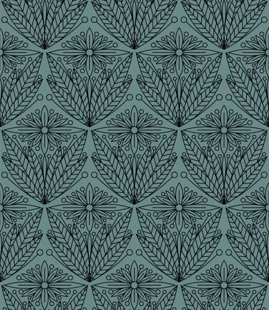 BLUE SEAMLESS PATTERN WITH LINEAR FLORAL ORNAMENT IN VECTORのイラスト素材