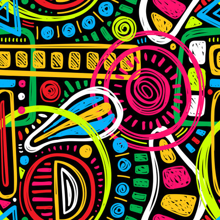 ABSTRACT SEAMLESS PATTERN WITH BRIGHT YELLOW ELEMENTS ON A BLACK BACKGROUND IN VECTORのイラスト素材