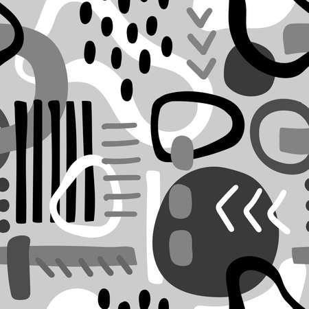 ABSTRACT SEAMLESS PATTERN WITH BLACK AND WHITE ELEMENTS ON A GRAY BACKGROUND IN VECTORのイラスト素材