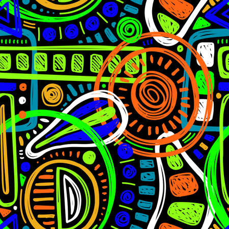 ABSTRACT SEAMLESS PATTERN WITH BRIGHT LIGHT GREEN ELEMENTS ON A BLACK BACKGROUND IN VECTORのイラスト素材