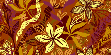 A LONG SEAMLESS TROPICAL PATTERN WITH YELLOW FLOWERS AND MULTICOLORED LEAVES ON AN ORANGE BACKGROUND IN VECTORのイラスト素材