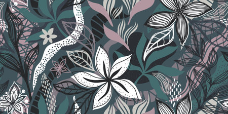 A LONG SEAMLESS TROPICAL PATTERN WITH WHITE FLOWERS AND MULTICOLORED LEAVES ON A TURQUOISE BACKGROUND IN VECTORのイラスト素材