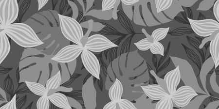 A LONG SEAMLESS BLACK AND WHITE PATTERN WITH TROPICAL FLOWERS AND LEAVES IN VECTORのイラスト素材