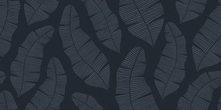 A LONG SEAMLESS TROPICAL PATTERN WITH GRAY BANANA LEAVES ON A DARK BLUE BACKGROUND IN VECTORのイラスト素材