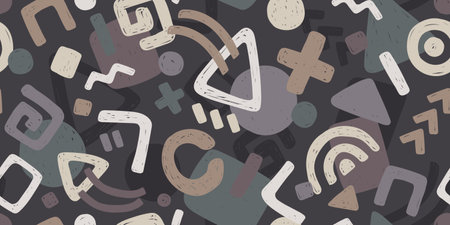 A LONG SEAMLESS ABSTRACT PATTERN WITH MULTICOLORED GEOMETRIC SHAPES ON A GRAY BACKGROUND IN A VECTORのイラスト素材