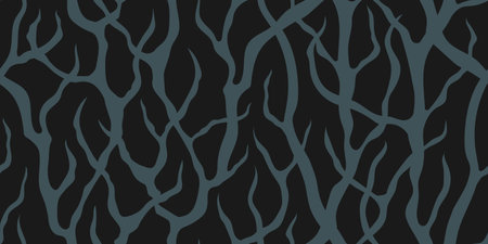 A LONG SEAMLESS ABSTRACT PATTERN WITH BLUE THICKETS OF BRANCHES ON A BLACK BACKGROUND IN VECTORのイラスト素材