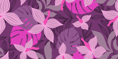 A LONG SEAMLESS LILAC PATTERN WITH TROPICAL FLOWERS AND LEAVES IN VECTORのイラスト素材