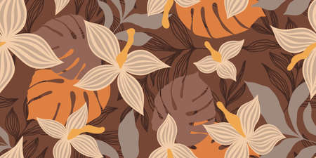 A LONG SEAMLESS BROWN PATTERN WITH TROPICAL FLOWERS AND LEAVES IN VECTORのイラスト素材