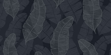 A LONG SEAMLESS TROPICAL PATTERN WITH GRAY BANANA LEAVES ON A DARK BLUE BACKGROUND IN VECTORのイラスト素材