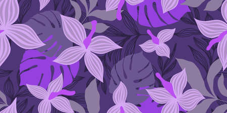 A LONG SEAMLESS PURPLE PATTERN WITH TROPICAL FLOWERS AND LEAVES IN VECTORのイラスト素材