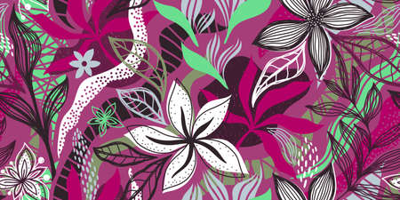 A LONG SEAMLESS TROPICAL PATTERN WITH WHITE FLOWERS AND MULTICOLORED LEAVES ON A PINK BACKGROUND IN VECTORのイラスト素材