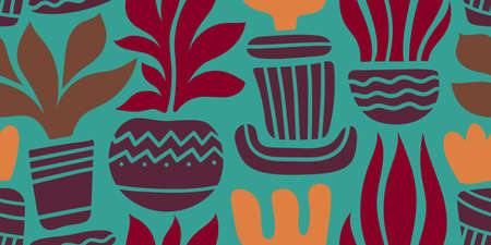 A long seamless pattern with multicolored silhouettes of tropical flowers in pots on a mint background in vectorのイラスト素材