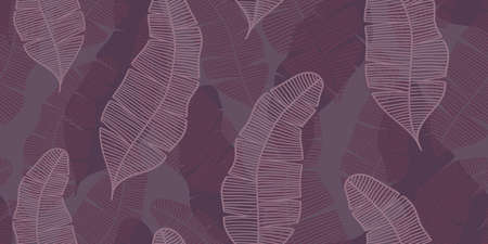 A LONG SEAMLESS TROPICAL PATTERN WITH LILAC BANANA LEAVES ON A GRAY BACKGROUND IN VECTORのイラスト素材