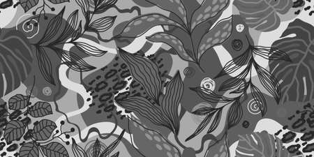 A LONG SEAMLESS BLACK AND WHITE PATTERN WITH TROPICAL LEAVES IN VECTORのイラスト素材