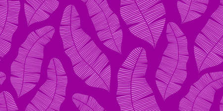 A LONG SEAMLESS TROPICAL PATTERN WITH PINK BANANA LEAVES ON A LILAC BACKGROUND IN VECTORのイラスト素材