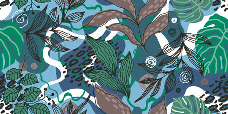 A LONG SEAMLESS BLUE PATTERN WITH MULTICOLORED TROPICAL LEAVES IN VECTORのイラスト素材