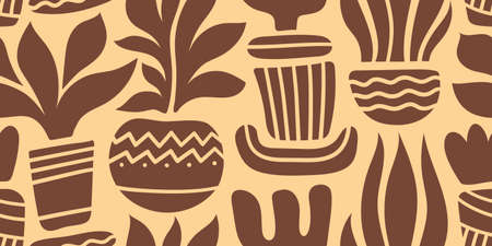 A LONG SEAMLESS PATTERN WITH SILHOUETTES OF BROWN TROPICAL FLOWERS IN POTS ON A BEIGE BACKGROUND IN VECTORのイラスト素材
