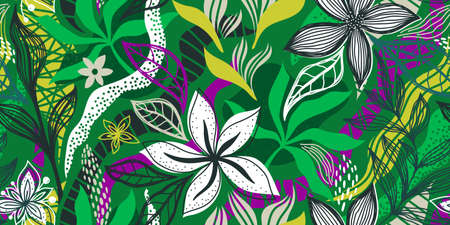 A LONG SEAMLESS TROPICAL PATTERN WITH WHITE FLOWERS AND MULTICOLORED LEAVES ON A GREEN BACKGROUND IN VECTORのイラスト素材
