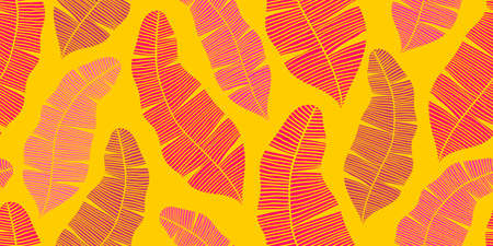 A LONG SEAMLESS TROPICAL PATTERN WITH PINK BANANA LEAVES ON A YELLOW BACKGROUND IN VECTORのイラスト素材