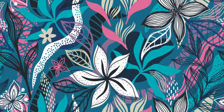 A LONG SEAMLESS TROPICAL PATTERN WITH WHITE FLOWERS AND MULTICOLORED LEAVES ON A BLUE BACKGROUND IN VECTORのイラスト素材