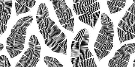A LONG SEAMLESS TROPICAL PATTERN WITH BLACK BANANA LEAVES ON A WHITE BACKGROUND IN VECTORのイラスト素材