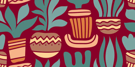 A LONG SEAMLESS PATTERN WITH MULTICOLORED SILHOUETTES OF TROPICAL FLOWERS IN POTS ON A CRIMSON BACKGROUND IN VECTORのイラスト素材