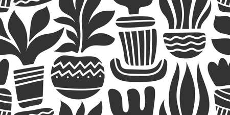 A LONG SEAMLESS PATTERN WITH SILHOUETTES OF BLACK TROPICAL FLOWERS IN POTS ON A WHITE BACKGROUND IN VECTORのイラスト素材