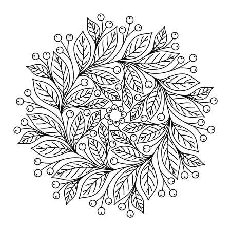 COLORING BOOK FOR ADULTS WITH A ROUND PLANT MANDALA ON A WHITE BACKGROUND IN VECTORのイラスト素材