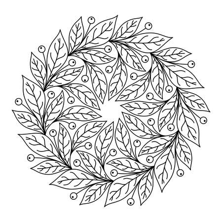 COLORING BOOK FOR ADULTS WITH A ROUND PLANT MANDALA ON A WHITE BACKGROUND IN VECTORのイラスト素材