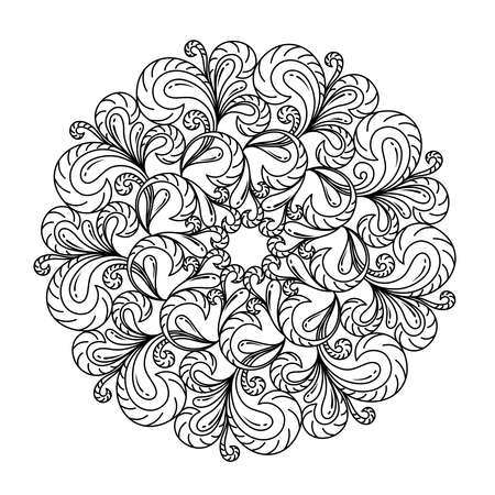 COLORING BOOK FOR ADULTS WITH A ROUND MANDALA WITH CURLS ON A WHITE BACKGROUND IN VECTORのイラスト素材