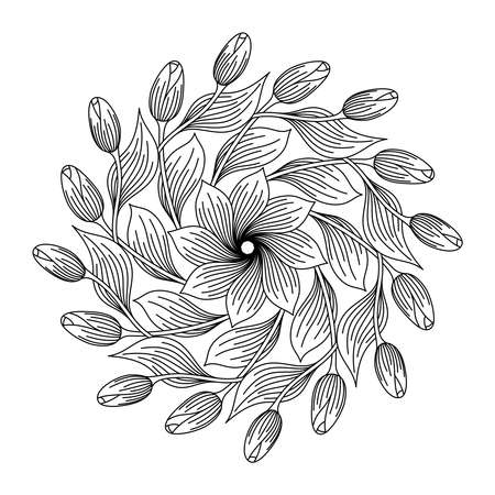 COLORING BOOK FOR ADULTS WITH A ROUND FLOWER MANDALA WITH TULIPS ON A WHITE BACKGROUND IN VECTORのイラスト素材