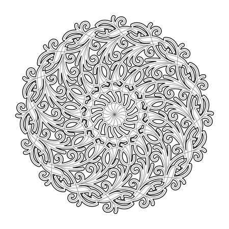 COLORING BOOK FOR ADULTS WITH A ROUND MANDALA WITH CURLS ON A WHITE BACKGROUND IN VECTORのイラスト素材