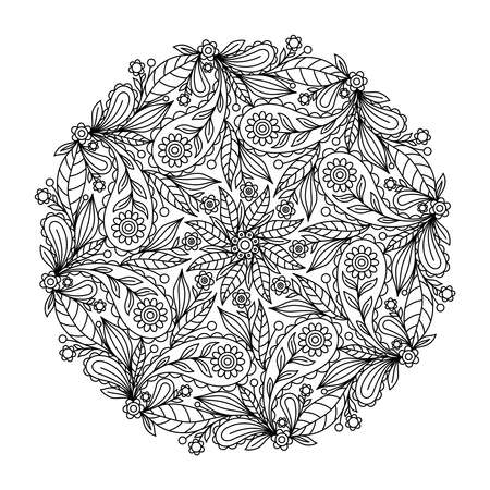 COLORING BOOK FOR ADULTS WITH A ROUND FLORAL MANDALA ON A WHITE BACKGROUND IN VECTORのイラスト素材