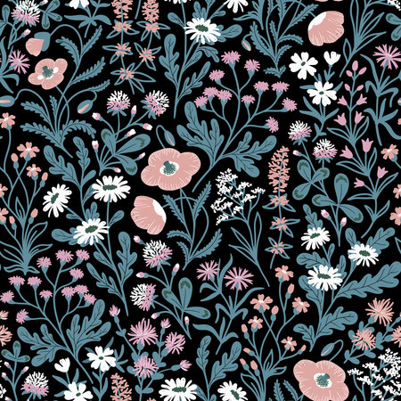 SEAMLESS FLORAL PATTERN WITH SUMMER WILDFLOWERS ON A BLACK BACKGROUND IN VECTORのイラスト素材