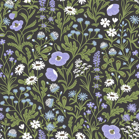 SEAMLESS FLORAL PATTERN WITH SUMMER WILDFLOWERS ON A GRAY BACKGROUND IN VECTORのイラスト素材