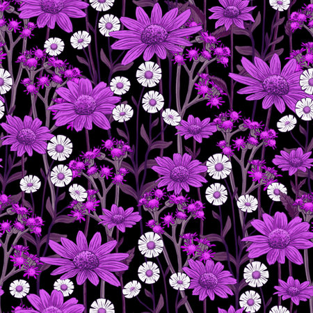 SEAMLESS FLORAL PATTERN WITH LILAC CINERARIA AND RUDBECKIA AND SMALL WHITE DAISIES ON A BLACK BACKGROUND. DIGITAL ILLUSTRATIONの写真素材
