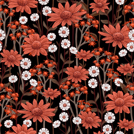 SEAMLESS FLORAL PATTERN WITH RED CINERARIA AND RUDBECKIA AND SMALL WHITE DAISIES ON A BLACK BACKGROUND. DIGITAL ILLUSTRATIONの写真素材