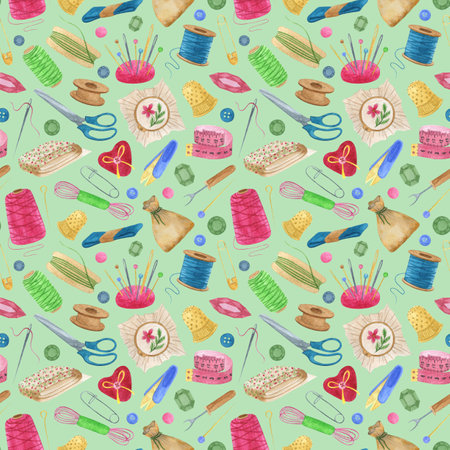 LIGHT GREEN BACKGROUND WITH WATERCOLOR OBJECTS FOR NEEDLEWORKの写真素材