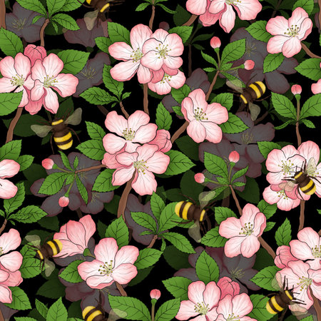 SEAMLESS PATTERN WITH PINK APPLE BLOSSOMS AND FLYING BUMBLEBEES ON A BLACK BACKGROUND. DIGITAL RASTER ILLUSTRATIONの写真素材